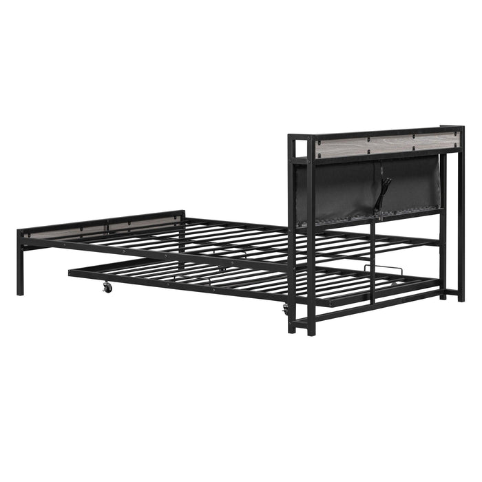 Full Size Metal Platform Bed Frame with Twin size trundle, Upholstered headboard ，Sockets, USB Ports and Slat Support ,No Box Spring Needed，Black