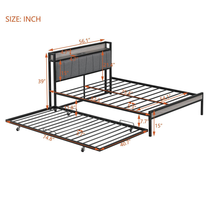 Full Size Metal Platform Bed Frame with Twin size trundle, Upholstered headboard ，Sockets, USB Ports and Slat Support ,No Box Spring Needed，Black