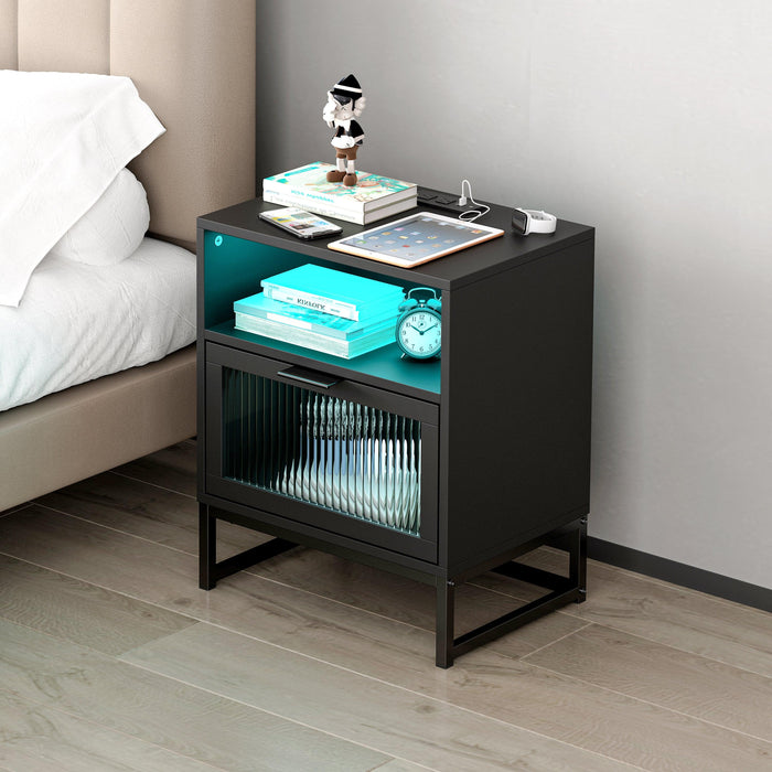 Nightstand with LED Lights / Drawer, Black Bedside Table for Bedroom