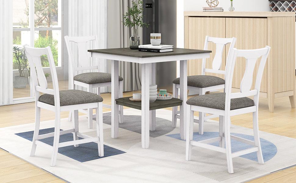 Farmhouse 5-Piece Wood Counter Height Dining Table Set withStorage Shelf, Square Table and 4 Upholstered Chairs for Small Space, Antique White