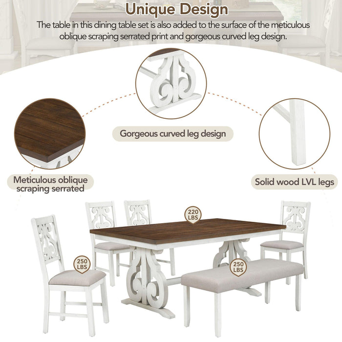 6-Piece Wooden Dining Table Set, Farmhouse Rectangular Dining Table, Four Chairs with Exquisitely Designed Hollow Chair Back and Bench for Home Dining Room (Brown+White)
