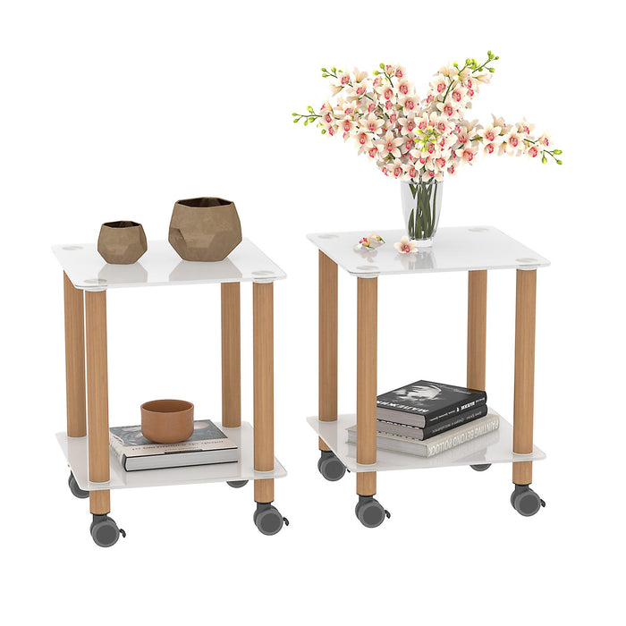 2-Piece White+Oak Side Table , 2-Tier Space End Table ,Modern Night Stand, Sofa table, Side Table withStorage Shelve