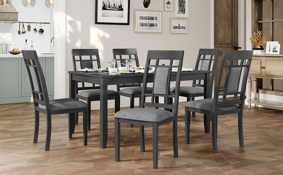 7-Piece Farmhouse Rustic Wooden Dining Table Set Kitchen Furniture Set with 6 Padded Dining Chairs, Gray