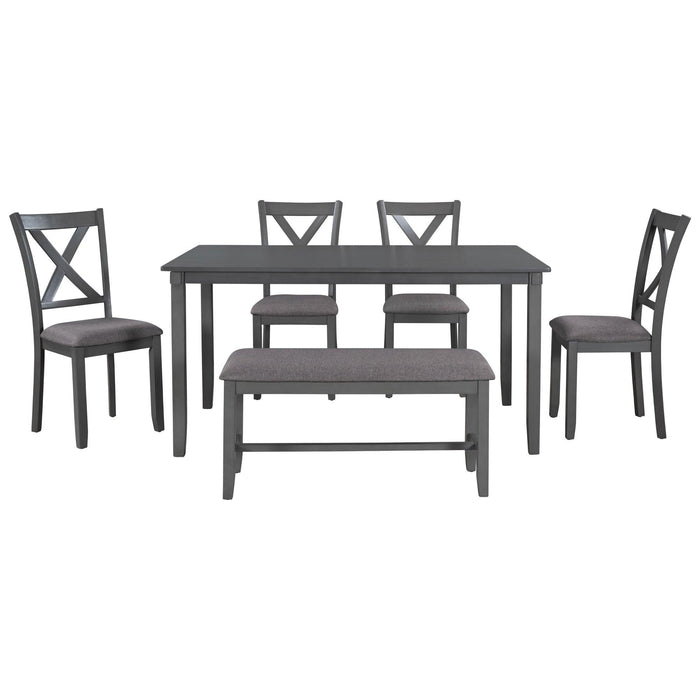 6-Piece Kitchen Dining Table Set Wooden Rectangular Dining Table, 4 Fabric Chairs and Bench Family Furniture (Gray)