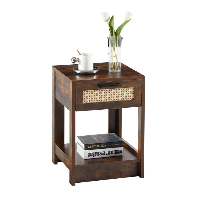 15.75" Rattan End table with  drawer,Modern nightstand, side table for living roon, bedroom,Rustic Brown