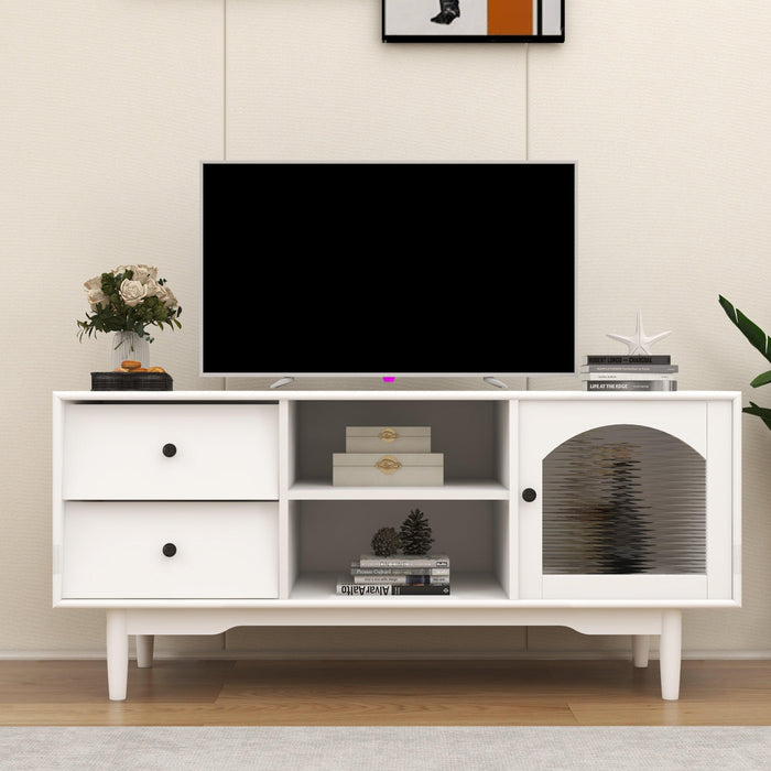 Living Room White TV Stand with Drawers and Open Shelves, A Cabinet with Glass Doors forStorage