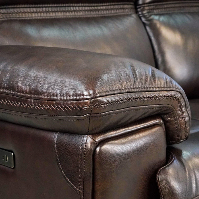 Timo Top Grain Leather Power Reclining Loveseat | Adjustable Headrest | Cross Stitching