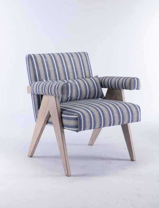 Accent chair, KD rubber wood legs with black finish. Fabric cover the seat. With a cushion.Blue Stripe