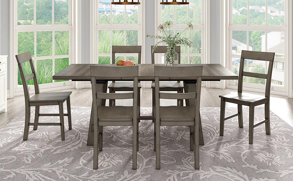 Retro Industrial Style 7-Piece Dining Table Set Extendable Table with 18” Leaf and Six Wood Chairs 
(Gray)