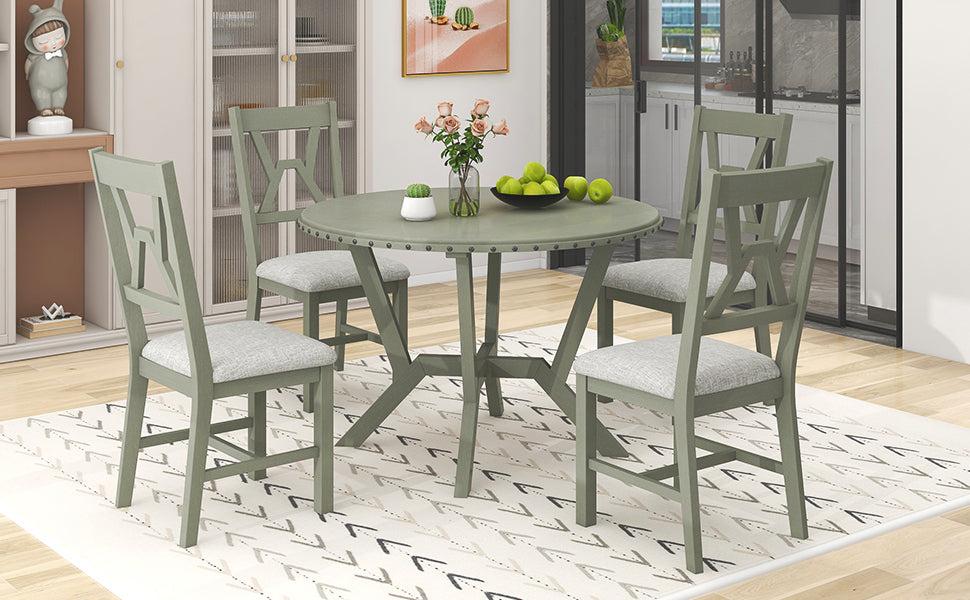 Mid-Century 5-Piece Dining Table Set, Round Table with Cross Legs, 4 Upholstered Chairs for Small Places, Kitchen, Studio, Green