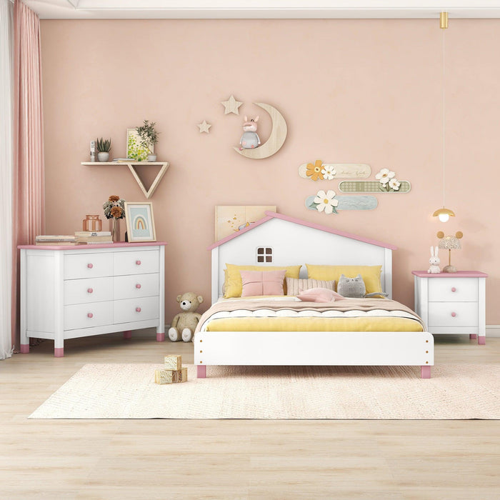 3-Pieces Bedroom Sets Full Size Platform Bed with Nightstand andStorage dresser,White+Pink
