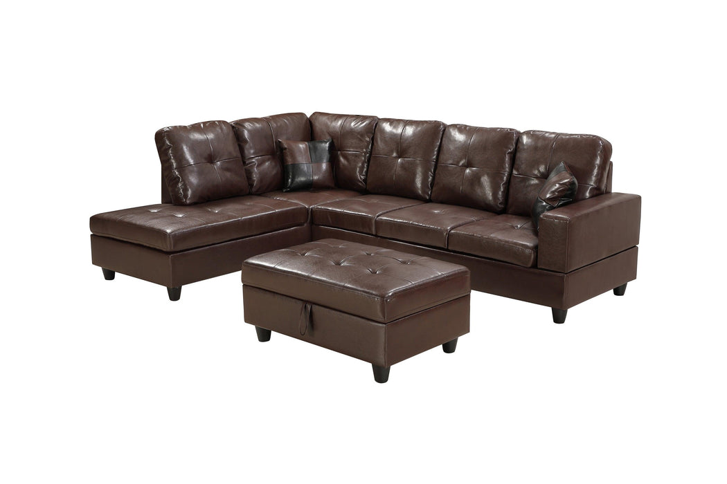 3 PC Sectional Sofa Set, (Brown) Faux Leather Right -Facing Chaise with FreeStorage Ottoman