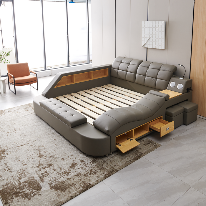 Multifunctional UpholsteredStorage Bed Frame, Massage Chaise Lounge on Right ,King Size, Grey