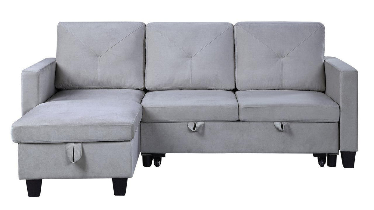 Nova Light Gray Velvet Reversible Sleeper Sectional Sofa withStorage Chaise