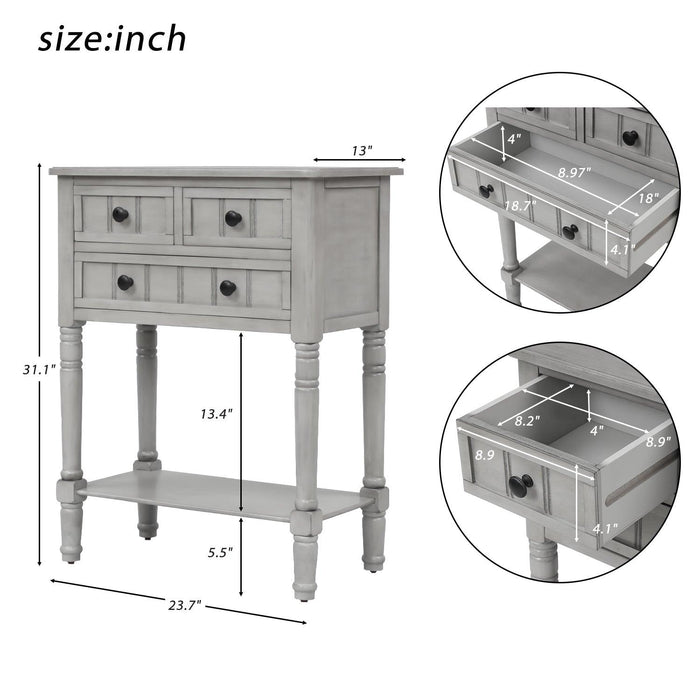 Narrow Console Table, Slim Sofa Table with ThreeStorage Drawers and Bottom Shelf for Living Room, Easy Assembly (Gray Wash)