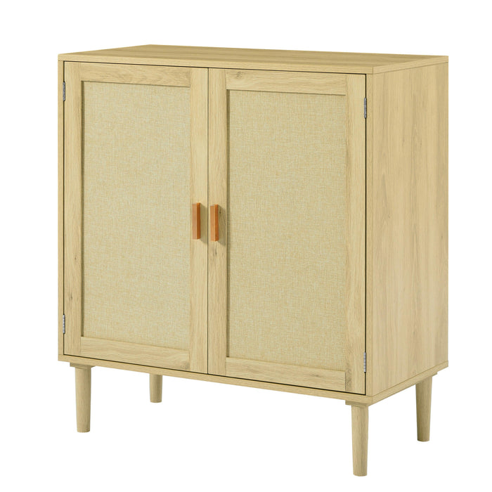 Mid-Century 2-Door Accent Chest, WoodStorage Cabinet with Shelf and Fabric Covered Panels（Natural，31.5''w x 15.8''d x 34.6"h）.