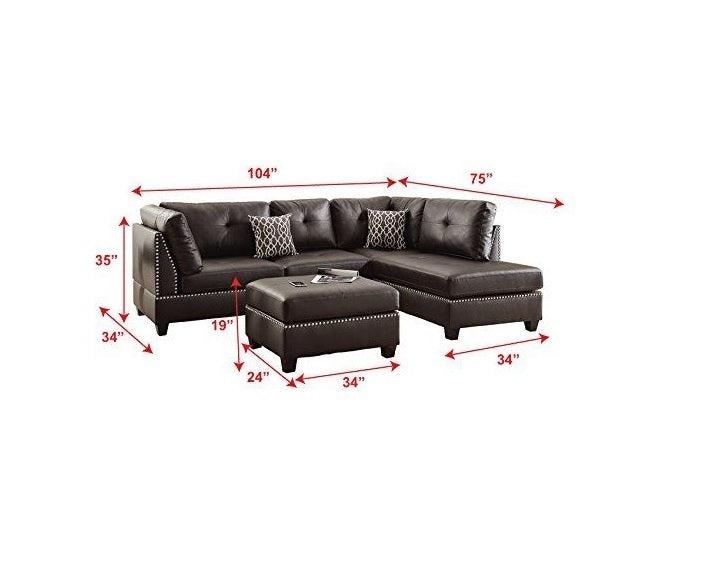 3-pcs Sectional Sofa Espresso Bonded Leather Cushion Sofa Chaise Ottoman Reversible Couch Pillows