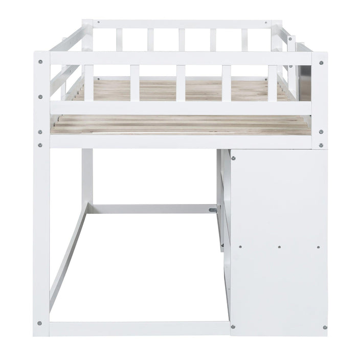 Twin Size Low Loft Bed with Rolling Desk, Shelf and Drawers - White