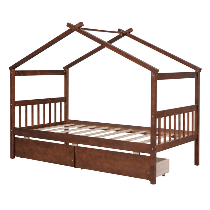 Twin Size Wooden House Bed with Drawers, Walnut