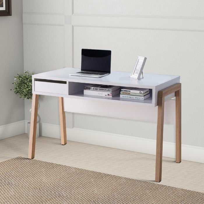Contemporary Style Desk With OpenStorage Shelf, White and brown