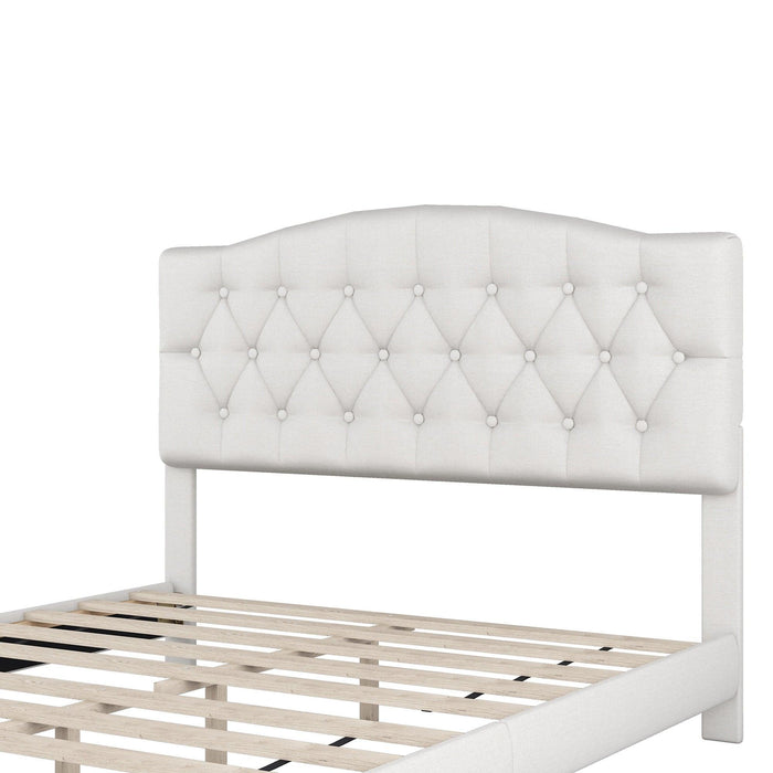 Upholstered Platform Bed with Saddle Curved Headboard and Diamond Tufted Details, Queen, Beige