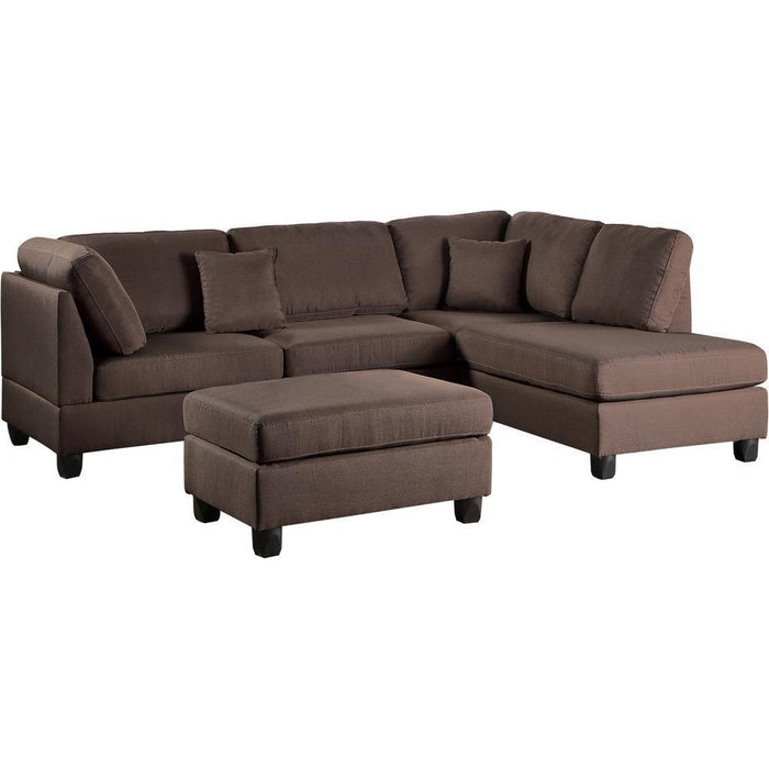 Chocolate Color 3pcs Sectional Living Room Furniture Reversible Chaise Sofa And Ottoman Polyfiber Linen Like Fabric Cushion Couch