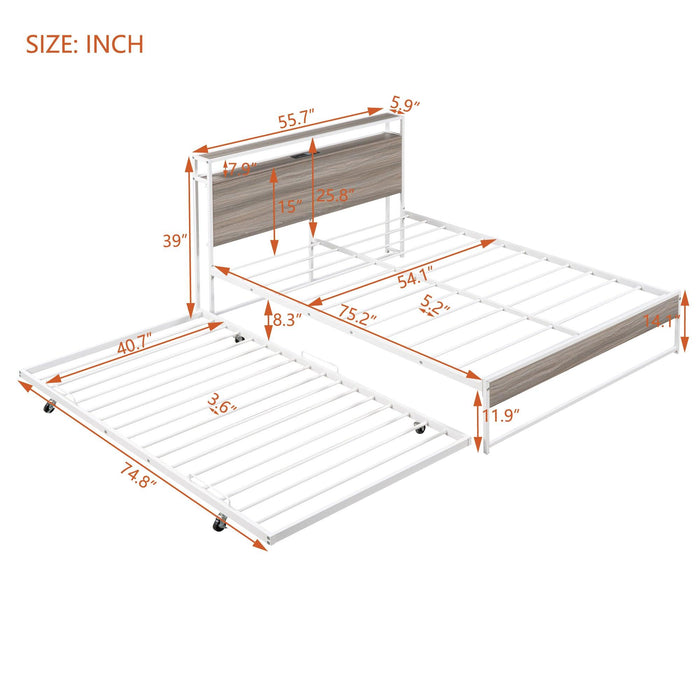 Full Size Metal Platform Bed Frame with Trundle, USB Ports and Slat Support ,No Box Spring Needed White