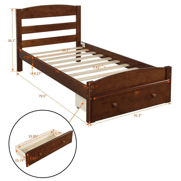 Platform Twin Bed Frame withStorage Drawer and Wood Slat Support No Box Spring Needed, Walnut