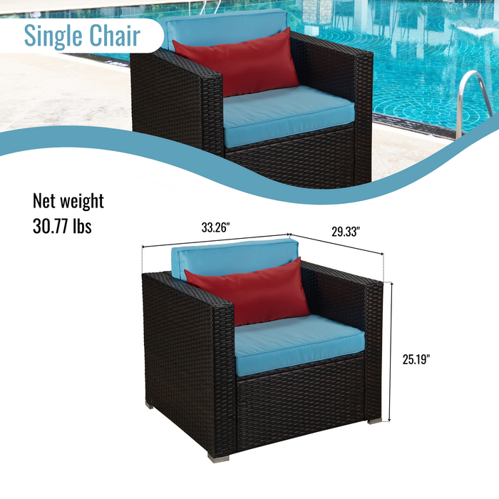 Outdoor Garden Patio Furniture 6-Piece Brown PE Rattan Wicker Sectional Blue Cushioned Sofa Sets with 1 Red Pillow