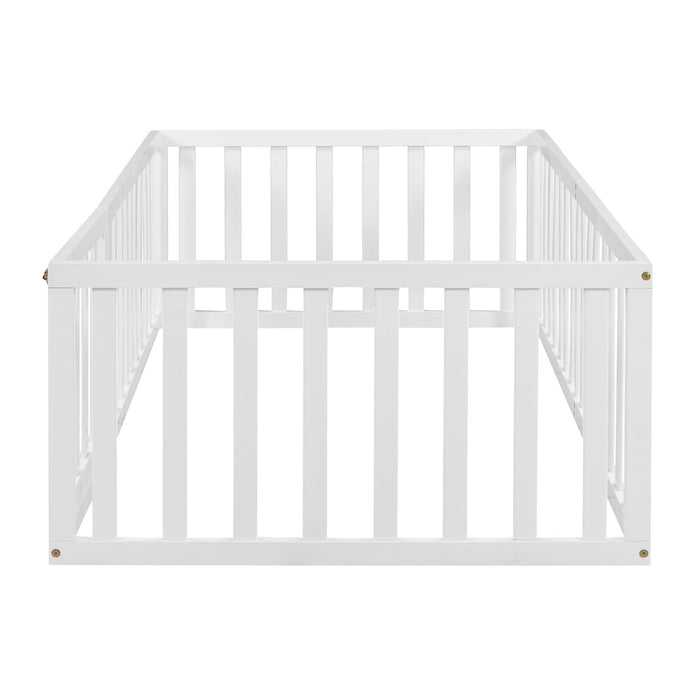 Twin Size Wood Floor Bed Frame with Fence and Door, White