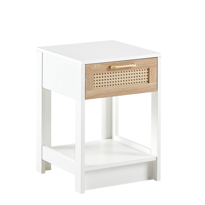 15.75" Rattan End table with  drawer,Modern nightstand, side table for living roon, bedroom,white