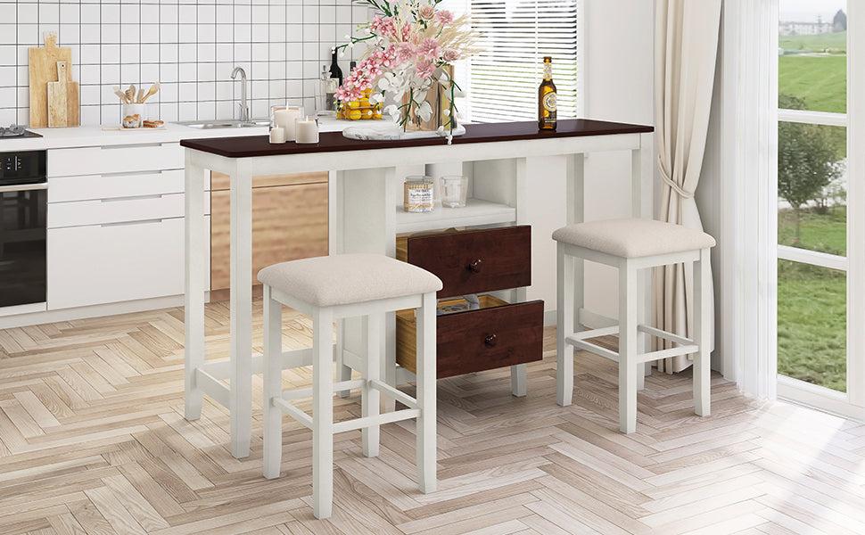 Farmhouse Rustic 3-piece Counter Height Wood Dining Table Set with 2Storage Drawers and 2 Stools for Small Places, White and Brown