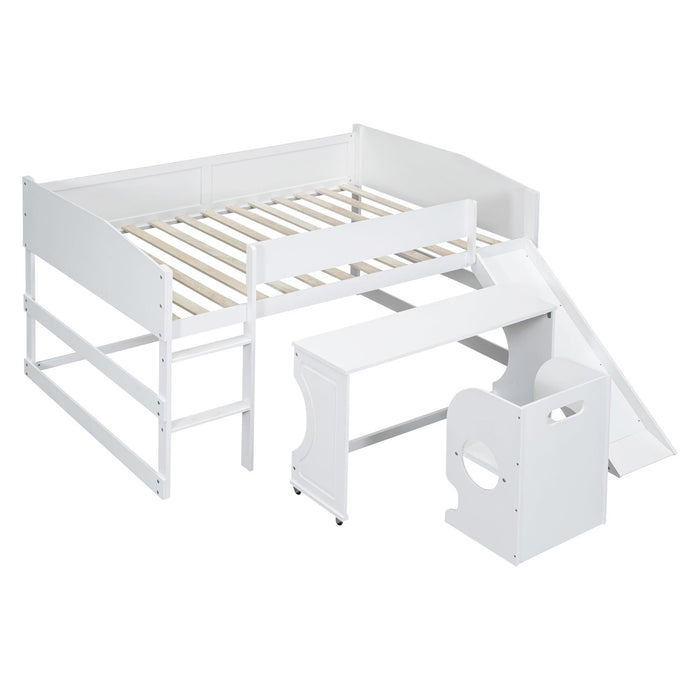 Low Study Full Loft Bed with Rolling Portable Desk and Chair,Multiple Functions Bed- White