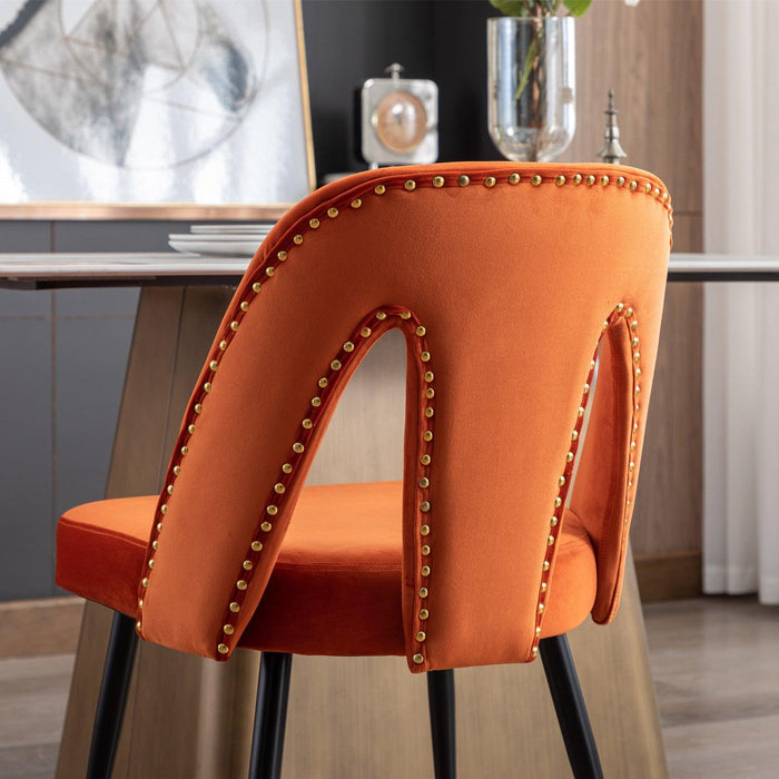 Akoya CollectionModern | Contemporary Velvet Upholstered Dining Chair with Nailheads and Gold Tipped Black Metal Legs, Orange，Set of 2