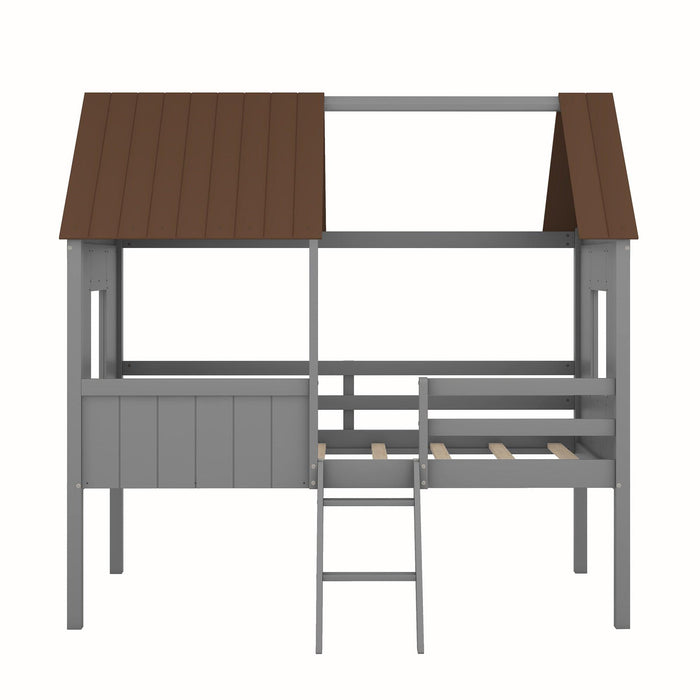 Twin Size Low Loft Wood House Bed with Two Side Windows  (Gray +Brown)