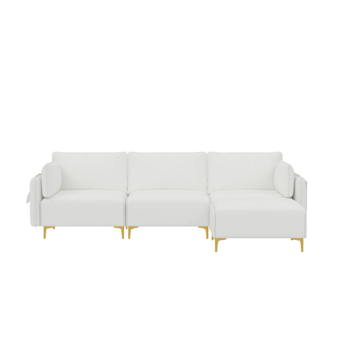 L Shape Sectional Sofa with USB Beige Fabric