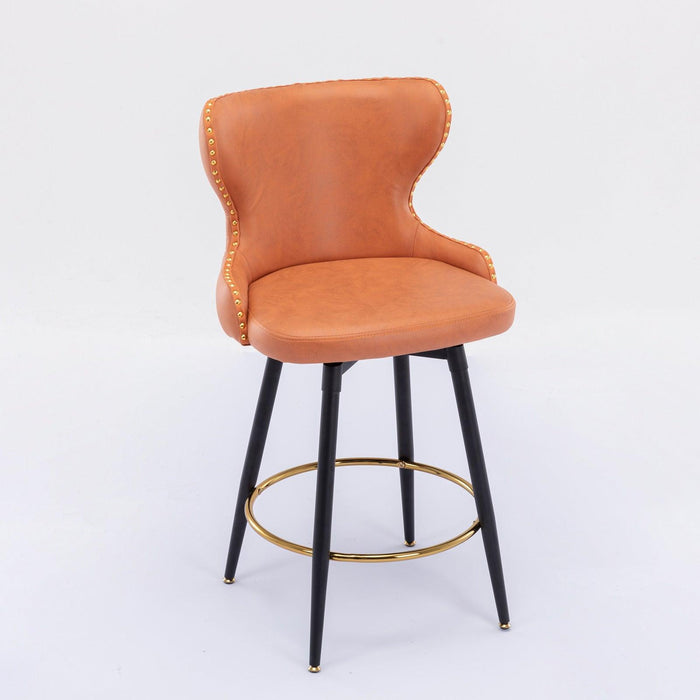 Counter Height 25"Modern Leathaire Fabric bar chairs,180° Swivel Bar Stool Chair for Kitchen,Tufted Gold Nailhead Trim Bar Stools with Metal Legs,Set of 2 (Orange)