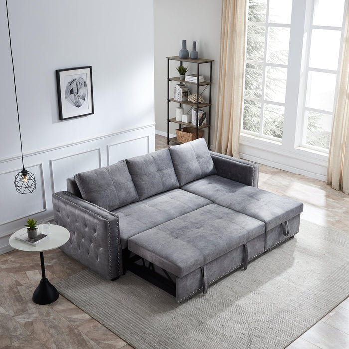 Sectional sofa with pulled out bed,  2 seats sofa and reversible chaise withStorage, both hands with copper nail, GREY, (91" x 64" x 37")