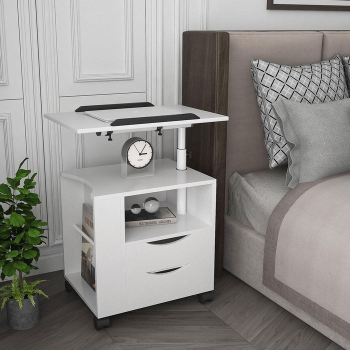 Height Adjustable Overbed End Table Wooden Nightstand with Swivel Top,Storage Drawers, Wheels and Open Shelf,(White)