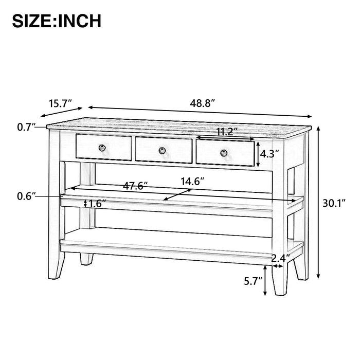 48''Modern Console Table  Sofa Table for Living Room with 3 Drawers and 2 Shelves, Solid Wood Top (Pine)