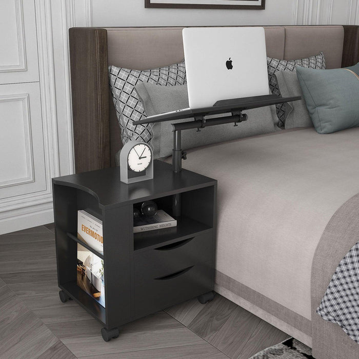 Height Adjustable Overbed End Table Wooden Nightstand with Swivel Top, Drawers, Wheels and Open Shelf,  Black