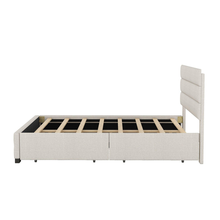 Queen Upholstered Platform Bed with Twin Size Trundle and Two Drawers, Beige