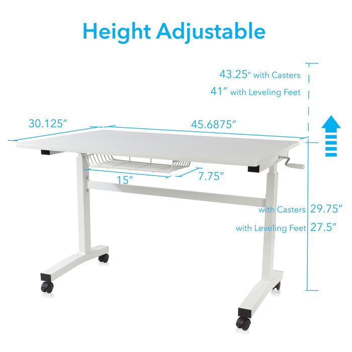Atlantic Sit Stand Desk with Casters - White (Height Adjustable) with side crank (switchable either side, left or right side crank)