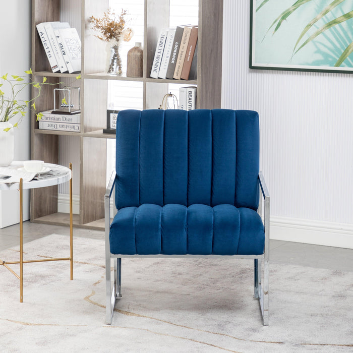 Velvet vertical stripe armchair gold metal frame accent chair suitable for living room, bedroom(Blue)