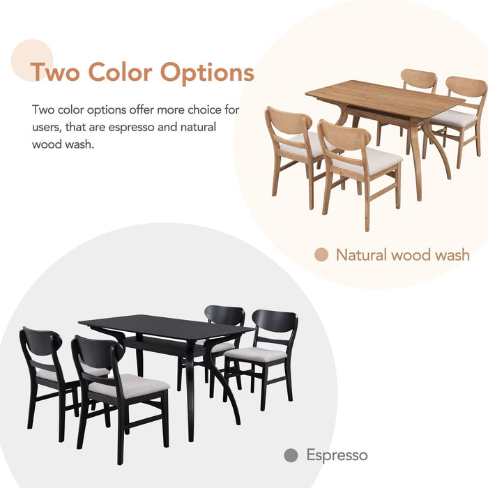 Elegant Rubber Wood Frame Dining Table Set with Special-shape LegsStorage Space MDF Board Tabletop Soft Cushion Chairs (Espresso)