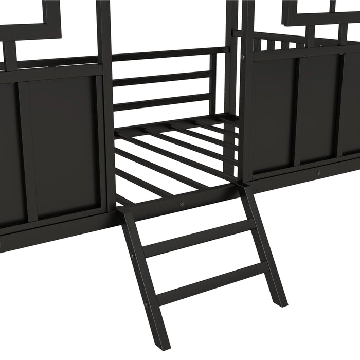 Twin Size Metal Low Loft House Bed with Roof and Two Front Windows , Black