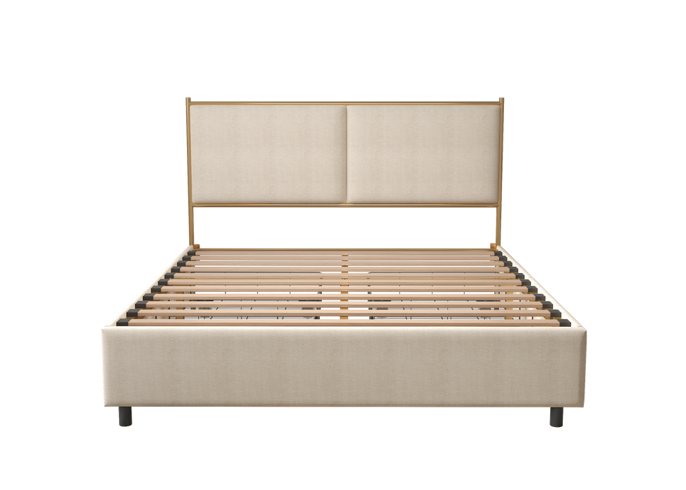 Classic steamed bread shaped backrest, metal frame, solid wood ribs, with fourStorage drawers, sponge soft bag, comfortable and elegant atmosphere, beige, king- size