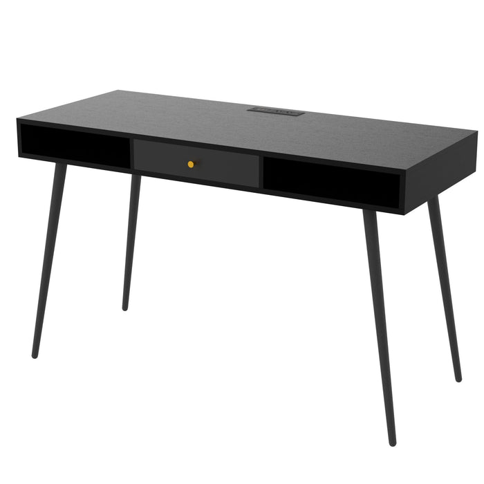 Mid Century Desk with USB Ports and Power Outlet,Modern Writing Study Desk with Drawers, Multifunctional Home Office Computer Desk Black