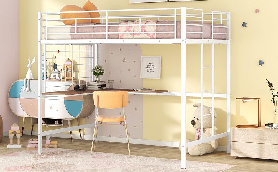 Full Metal Loft Bed with Desk and Metal Grid, White