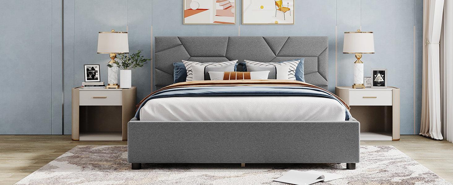 Queen Size Upholstered Platform Bed with Brick Pattern Heardboard and 4 Drawers, Linen Fabric, Gray